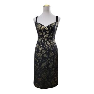 Anthropologie Maeve Metallic Brocade Sheath Dress Black Gold Floral Birds Size 0